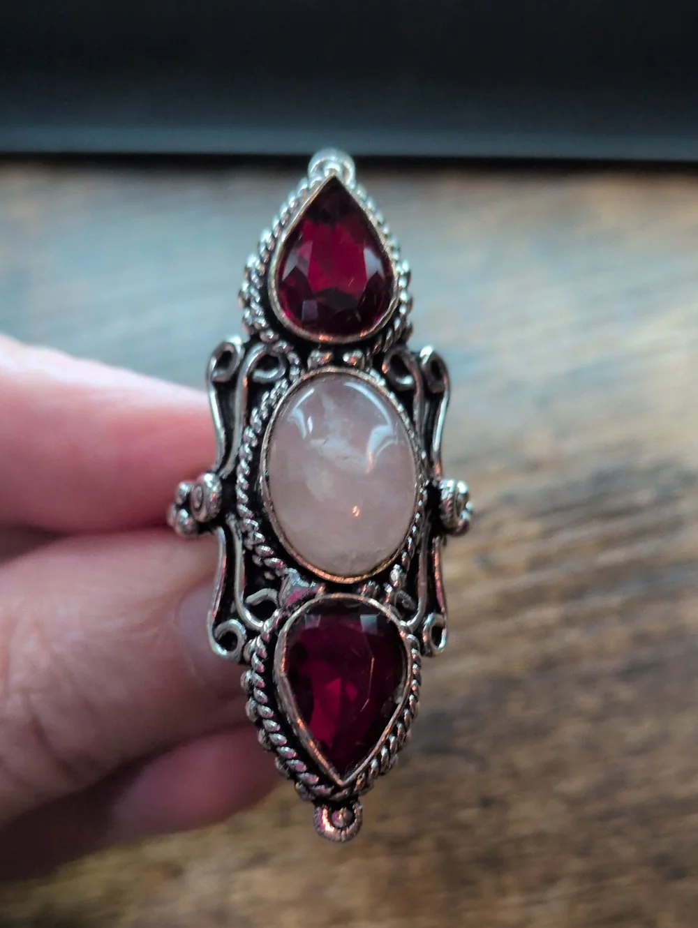 Sterling-Style Silver Ring with Rose Quartz and Garnet-Red Accents
